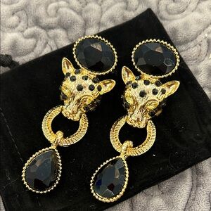 Black Crystal Statement Panther Earrings-NWT